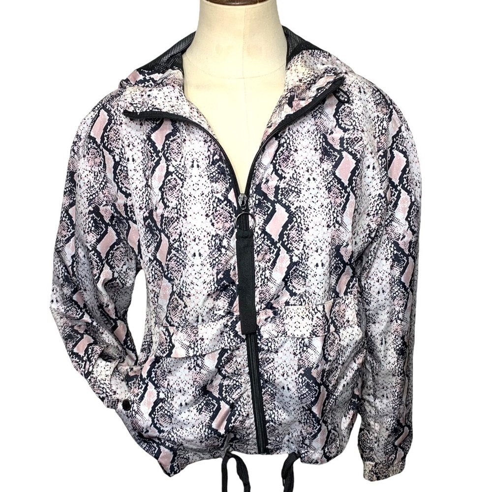 Me Jane Cropped Hooded Windbreaker Bomber Jacket Pink Black Snake Print Sz Small